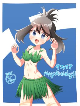 1girl armpit_crease armpits bikini blue_background blue_eyes bodypaint brown_hair claw_pose cocoa_(p_cocoa_f) collarbone eyelashes fangs female_focus fingernails flat_chest frown grass_skirt groin hands_up happy_birthday highres knees leaf_bikini legs looking_at_viewer may_(pokemon) medium_hair midriff navel neck nintendo no_bra no_panties official_alternate_costume open_mouth outdoors pokemon pokemon_adventures revealing_clothes sharp_fingernails sidelocks standing swept_bangs swimsuit thighs tomboy topknot two-tone_background