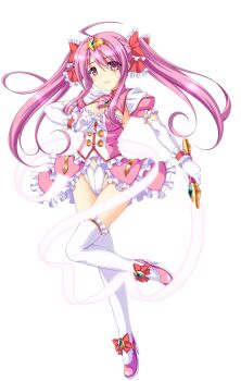 1girl ahoge aoi_masami arty_cherry bow breasts cleavage dress elbow_gloves frills full_body game_cg gloves hair_bow harukaze_mai_(tsmg_nao!) highres large_variant_set leotard long_hair looking_at_viewer magical_girl medium_breasts non-web_source official_art pink_eyes pink_hair puffy_sleeves ribbon shoes solo standing standing_on_one_leg sword thighhighs tiara transparent_background ts_magical_girl_nao twintails variant_set weapon white_gloves white_thighhighs