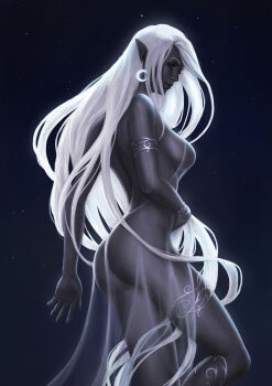 1girl ass blue_eyes breasts captdiablo dark-skinned_female dark_elf dark_skin dungeons_&amp;_dragons earrings eilistraee elf fantasy highres jewelry long_hair nude pointy_ears sideboob solo very_long_hair white_hair