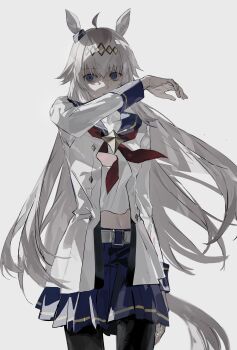 1girl absurdres ahoge animal_ears arm_at_side arm_up belt belt_buckle black_pantyhose blouse blue_eyes blue_sailor_collar blue_skirt brooch buckle buttons covered_collarbone cowboy_shot diamond_button diamond_hairband double-breasted ear_ornament grey_background grey_hair grey_tail hair_flaps hairband highres horse_ears horse_girl horse_tail jewelry long_hair long_sleeves looking_at_viewer midriff miniskirt navel neckerchief oguri_cap_(starlight_beat)_(umamusume) oguri_cap_(umamusume) open_clothes open_shirt pantyhose parted_lips pleated_skirt qing_yan_xia red_neckerchief sailor_collar sailor_shirt serious shaded_face shirt simple_background skirt sleeve_cuffs solo standing star_brooch straight-on sweat tail umamusume undershirt very_long_hair white_belt wiping_face wiping_sweat