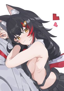 1girl angeldu animal_ears bare_shoulders black_hair black_skirt breasts hololive looking_at_viewer lying on_bed on_stomach ookami_mio sideboob skirt solo virtual_youtuber wolf_ears