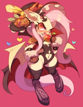 1girl alternate_costume animal_ear_fluff animal_ears apple bat_wings black_leotard black_thighhighs boots cape clothing_cutout commentary_request epaulettes flat_chest flower flutterbat fluttershy food fruit full_body furry furry_female gloves hat hat_feather hat_flower holding holding_food horse_ears horse_tail leotard licking looking_at_viewer my_little_pony my_little_pony:_friendship_is_magic navel navel_cutout pear-shaped_figure personification red_background red_eyes rikose slit_pupils solo tail thick_thighs thighhighs thighs wide_hips wings