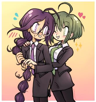 2girls ahoge alternate_costume aqua_hair black_jacket black_pantyhose black_skirt blush border braid breasts collared_shirt danganronpa_(series) danganronpa_another_episode:_ultra_despair_girls dot_nose drooling eyelashes fingernails flying_sweatdrops formal_clothes fukawa_toko glasses gradient_background green_hair green_necktie hair_between_eyes hand_on_another&#039;s_hand hand_on_another&#039;s_shoulder heart holding holding_own_hair jacket jackie_kawaii long_hair long_sleeves messy_hair mole mole_under_mouth mouth_drool multiple_girls naegi_komaru necktie nose_blush one_eye_closed open_clothes open_jacket open_mouth pantyhose purple_eyes purple_hair purple_necktie shirt short_hair sidelocks simple_background single_braid skirt smile sparkle suit sweatdrop very_long_hair white_border white_shirt yuri