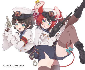 2girls :3 :d animal_ear_fluff animal_ears aqua_eyes armband ass belt belt_pouch black_belt black_footwear black_necktie black_skirt blue_shirt boots bow brown_belt brown_hair brown_thighhighs buttons character_name commentary_request copyright_notice cosplay cropped_jacket crossed_bangs cuffs dice_hair_ornament double-breasted double-parted_bangs gloves gold_buttons gun hair_between_eyes hair_ornament hakos_baelz handcuffs handgun hat high-waist_skirt holding holding_gun holding_weapon hololive hololive_english jacket knees_up leg_up looking_at_viewer medal mouse_ears mouse_girl mouse_tail mousetrap multiple_girls necktie official_alternate_costume official_art oozora_subaru oozora_subaru_(cosplay) oozora_subaru_(police) open_mouth peaked_cap pencil_skirt platform_boots platform_footwear police police_hat police_uniform policewoman pouch pump_action revolver shirt short_hair shotgun side_slit simple_background skindentation skirt smile swept_bangs tail tail_bow tail_ornament thighhighs thighs trigger_discipline twintails v-shaped_eyebrows vinhnyu virtual_youtuber weapon white_background white_gloves white_hat white_jacket