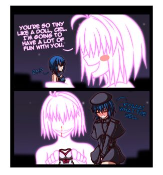 2girls absurdres ahoge arcueid_brunestud arcueid_brunestud_(luminous_body) black_capelet black_dress blood blue_eyes blue_hair blush blush_stickers capelet ciel_(tsukihime) cosplay covering_privates dress dress-up dressing_another english_text forced_dressing fur_hat giant giantess hair_between_eyes hat highres imminent_forced_dressing kuonji_alice kuonji_alice_(cosplay) multiple_girls nosebleed powered_ciel red_arcueid sakurello short_hair size_difference smile tsukihime tsukihime_(remake) yuri