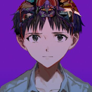 1boy black_eyes black_hair closed_mouth eva_01 expressionless highres ikari_gendou ikari_shinji lance_of_longinus_(evangelion) looking_at_viewer male_focus meme neon_genesis_evangelion patterned_hair purple_background purple_hair rebuild_of_evangelion scene_reference shinji_in_a_chair_(meme) shirt short_hair simple_background solo souryuu_asuka_langley strangling the_end_of_evangelion white_shirt yadu_nadu