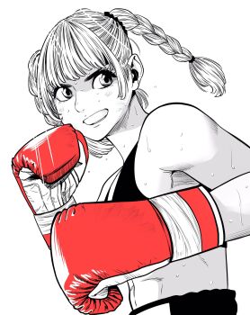 1girl abs boxing boxing_gloves boxing_shorts braid commentary_request fighting_stance flying_sweatdrops gloves highres lee_(dragon_garou) light_rays linea_alba midriff monochrome mouth_guard original red_gloves shorts smile solo sports_bra spot_color sweat twin_braids upper_body very_sweaty