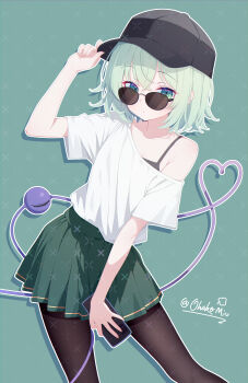 1girl absurdres baseball_cap black_camisole black_hat black_pantyhose camisole cellphone chinese_commentary commentary cowboy_shot crossed_bangs green_background green_eyes green_hair green_skirt hand_on_headwear hat heart heart_of_string highres holding holding_phone komeiji_koishi looking_at_viewer ohako_miyu pantyhose phone shirt short_sleeves single_bare_shoulder single_off_shoulder skirt smartphone solo sunglasses third_eye touhou twitter_username white_shirt