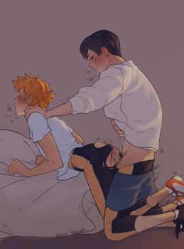 2boys ass black_hair blush closed_eyes clothes_pull haikyuu!! highres hinata_shouyou kageyama_tobio leggings male_focus moaning multiple_boys orange_hair pants pants_pull penis shirt short_hair spacenipnops testicles white_shirt yaoi