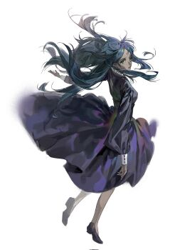 1girl back_cutout bindi black_dress black_shoes clothing_cutout collar dress erhuazi917 frilled_collar frills full_body green_eyes grey_hair gundam gundam_gquuuuuux highres lalah_sune looking_at_viewer looking_back parted_lips shoes simple_background solo white_background