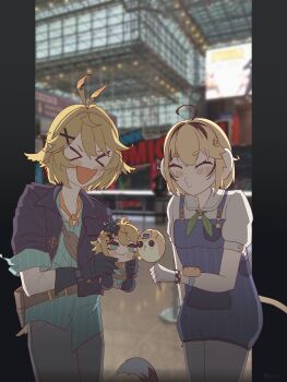 Rule 34 | > <, 2girls, :d, absurdres, ahoge, aqua shirt, belt, black gloves, black hair, black jacket, blonde hair, blue overalls, blurry, blurry background, blush stickers, bracelet, brown belt, buruhas, dokibird, dokibird (bounty hunter), dooby, dooby (1st costume), dooby (jerboa), fang, gloves, green neckerchief, highres, holding, holding stuffed toy, holster, indie virtual youtuber, indoors, jacket, jewelry, multicolored hair, multiple girls, neckerchief, new york comic con, open clothes, open jacket, open mouth, orange neckerchief, overall shorts, overalls, photo background, shirt, short hair, short sleeves, skin fang, smile, standing, streaked hair, striped clothes, striped shirt, stuffed animal, stuffed toy, tail, vertical-striped clothes, vertical-striped shirt, virtual youtuber, white gloves, white shirt