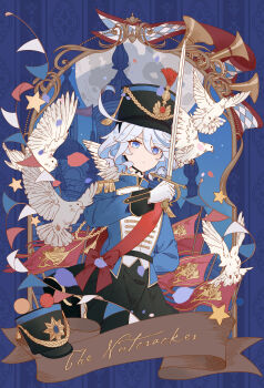 Rule 34 | 1girl, absurdres, ahoge, architecture, bird, black hat, blue eyes, blue hair, blue streaks, building, chinese commentary, commentary request, dove, epaulettes, flag, furina (genshin impact), genshin impact, grey hair, hair between eyes, hat, heterochromia, highres, holding, holding sword, holding weapon, military hat, military uniform, moon, multicolored hair, pigeon, red flag, shako cap, short hair, sky, solo, star (sky), starry sky, streaked hair, sword, tangbaibaibaibai, upper body, weapon