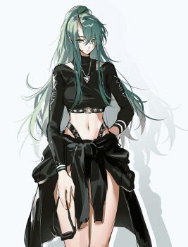 1girl arknights black_shirt breasts closed_mouth clothes_around_waist cowboy_shot crop_top facial_scar goggles green_hair grey_background hair_between_eyes hand_on_own_hip highres holding holding_goggles horns hoshiguma_(arknights) hoshiguma_(seeker)_(arknights) jacket jacket_around_waist long_hair long_sleeves looking_at_viewer medium_breasts navel ponytail scar scar_on_cheek scar_on_face shirt single_horn skin-covered_horns solo standing swim_goggles triangle_necklace unworn_goggles very_long_hair wushui_zhan_nao_geng