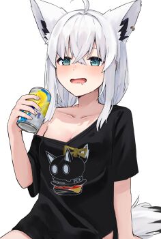 1girl ahoge amano243 animal_ear_fluff animal_ear_piercing animal_ears aqua_eyes black_shirt blush breasts cleavage drunk fox_ears fox_girl fox_tail hair_between_eyes highres hololive long_hair looking_at_viewer medium_breasts multicolored_tail nejima_kitsune_(shirakami_fubuki) official_alternate_costume open_mouth shirakami_fubuki shirakami_fubuki_(loungewear) shirt sidelocks single_off_shoulder solo tail two-tone_tail virtual_youtuber white_hair