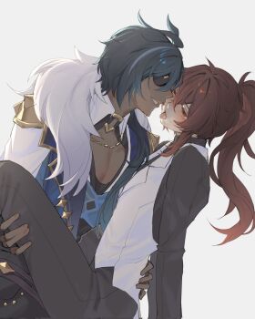 2boys blue_hair blush dark-skinned_male dark_skin diluc_(genshin_impact) eyepatch genshin_impact hair_between_eyes high_ponytail highres inseki kaeya_(genshin_impact) long_hair male_focus multiple_boys pectoral_cleavage pectorals ponytail red_eyes red_hair short_hair simple_background step-siblings teeth tongue tongue_out white_background yaoi zehuij