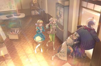 Rule 34 | 4girls, :d, animal ear headphones, animal ears, antennae, black boots, black dress, black gloves, blonde hair, blue dress, blue eyes, blue hair, bodysuit, boots, box, briefcase, cabinet, capelet, cardboard box, ceras yanagida lilienfeld, ceras yanagida lilienfeld (sairin no shasou), clubroom, dress, fake animal ears, fake antennae, fishnet pantyhose, fishnets, full body, game cg, gloves, gradient hair, green bodysuit, green hairband, grey boots, grey dress, grey hair, hairband, half gloves, half updo, headphones, high heel boots, high heels, highres, hinoshita kaho, holding, holding wand, indoors, knee boots, light particles, link! like! love live!, long hair, love live!, medium hair, multicolored hair, multiple girls, murano sayaka, non-web source, official art, open box, open mouth, orange hair, osawa rurino, pantyhose, peking duck (love live!), phonograph, pushing, rabbit ear headphones, rabbit ears, raised inner eyebrows, school briefcase, short dress, short sleeves, smile, star wand, stuck, stuffed chicken, thigh boots, train conductor, twintails, unworn headphones, virtual youtuber, wand, white boots, white capelet