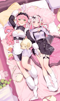 Rule 34 | 2girls, blush, breasts, chinese clothes, choker, commentary request, dress, frilled shirt collar, frills, full body, green eyes, gun, highres, holding, holding gun, holding weapon, jirai kei, long hair, looking at viewer, lying, maid, medium breasts, multicolored hair, multiple girls, on back, on bed, original, pillow, pink eyes, pink hair, qi maid, skirt, small breasts, smile, stuffed animal, stuffed sheep, stuffed toy, thigh strap, two-tone hair, wantan meo, weapon, white hair