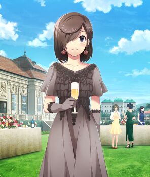 4girls alcohol black_hair black_shoes blue_dress blue_sky breasts brown_dress brown_gloves brown_hair building champagne champagne_flute closed_mouth cloud collarbone cup day dress drinking_glass earrings elbow_gloves faceless faceless_female feet_out_of_frame floating_earrings flower flower_earrings formal_clothes game_cg gloves grass green_dress hair_over_one_eye high_heels holding holding_cup house jewelry large_breasts looking_at_viewer mansion multiple_girls official_art one_eye_covered outdoors pink_flower pink_rose ponytail pumps purple_eyes red_flower red_rose red_shoes rose sasano_miyako shoes short_hair short_ponytail shrug_(clothing) sky smile solo_focus stairs straight-on tablecloth third-party_source toji_no_miko toji_no_miko:_kizamishi_issen_no_tomoshibi white_flower white_rose white_shrug wine wine_glass yellow_dress