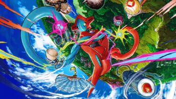 absurdres alien animal_focus cloud cloudy_sky day deoxys deoxys_(normal) electricity floating flying forest gen_2_pokemon gen_3_pokemon highres looking_at_viewer mythical_pokemon nature nintendo no_humans no_mouth official_art outdoors pokemon pokemon_(creature) sky solo tentacles tree