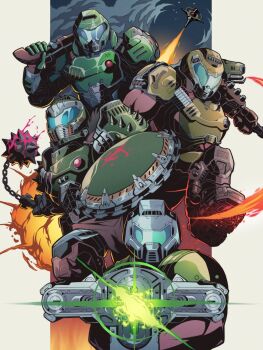 Rule 34 | 1boy, armor, assault visor, bfg 9000, blue visor, doom (series), doomguy, double-barreled shotgun, energy gun, green armor, grey visor, gun, highres, mace, male focus, pechamaju, plasma rifle, praetor suit, shield, shotgun, solo, space marine, spiked mace, spikes, weapon