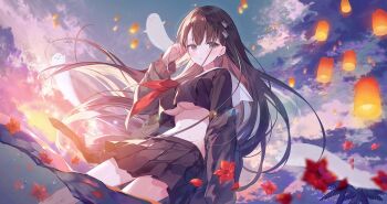 Rule 34 | 1girl, black hair, black shirt, black skirt, breasts, cloud, commentary request, flower, flower on liquid, goddess paradise, hair ornament, ibara riato, lantern, long hair, navel, neckerchief, palm tree, paper lantern, red flower, red neckerchief, school uniform, shirt, skirt, sky, susanoo (goddess paradise), tree, underboob, water