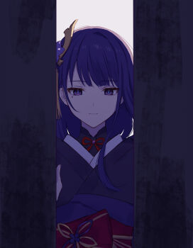 1girl 32_oogawa alternate_costume blue_pupils blunt_bangs closed_mouth closing_door door expressionless eyeliner flower flower_ornament genshin_impact hair_ornament hand_up highres japanese_clothes kimono long_hair looking_at_viewer makeup mole mole_under_eye multicolored_eyes neck_ribbon official_alternate_costume purple_eyes purple_flower purple_hair purple_kimono raiden_shogun red_eyeliner red_ribbon red_sash ribbon sash shade solo standing upper_body