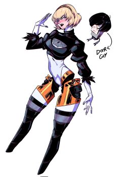 1girl 2b_(nier:automata) 2b_(nier:automata)_(cosplay) aigis_(persona) android black_boots black_leotard blonde_hair blue_eyes boots cosplay headphones highres joints leotard long_sleeves panda_rojo_art persona persona_3 pod_(nier:automata) robot_joints short_hair white_background white_leotard wig yuuki_makoto_(persona_3) yuuki_makoto_(persona_3)_(cosplay)