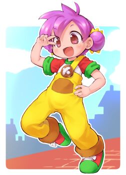 1girl :d brown_eyes child commentary_request double_bun full_body green_shirt green_shoes hair_bun hand_on_own_hip hand_up highres milano_(milanos_odd_job_collection) milanos_odd_job_collection multicolored_shirt multicolored_shoes open_mouth outline overalls purple_hair red_shirt red_shoes sakurabe_notos shirt shoes short_hair short_sleeves smile sneakers solo two-tone_shoes v v_over_eye white_outline white_shirt yellow_overalls