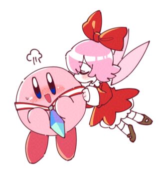 1boy 1girl bloomers blue_eyes blush blush_stickers bow closed_eyes dress fairy fairy_wings hair_bow hg1635 jewelry kirby kirby_(series) kirby_64 kissing_cheek medal necklace nintendo pink_hair ribbon_(kirby) shoes socks sweatdrop underwear white_background wings