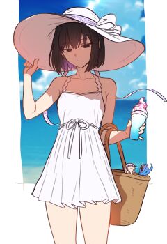 1girl absurdres bad_link bare_shoulders basket beach black_eyes black_hair blue_sky breasts dress ebora hat highres kuonji_alice kuonji_alice_(second_ascension) lost_robin_rondo mahou_tsukai_no_yoru medium_breasts melusine_(fate) melusine_(first_ascension)_(fate) ocean short_hair sky solo sun_hat white_dress white_hat