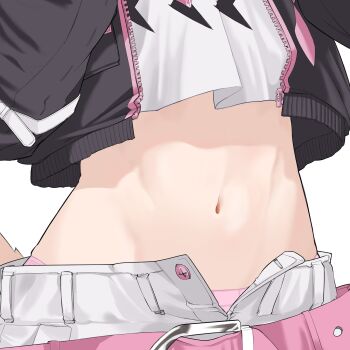 Rule 34 | 1girl, ahmjya, belt, black jacket, breasts, highres, hololive, hololive english, jacket, mococo abyssgard, mococo abyssgard (1st costume), panties, pink belt, pink panties, shirt, shorts, small breasts, solo, stomach, underwear, virtual youtuber, white shirt, white shorts
