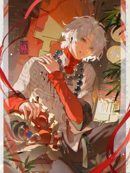 1boy absurdres aqua_eyes bead_necklace beads blood blood_from_mouth blood_on_clothes border brown_pants building chinese_clothes chinese_commentary commentary_request curtained_hair earphones feet_out_of_frame fuyun_(guilongchao) guilongchao hair_over_one_eye hand_on_own_shoulder highres jacket jewelry layered_sleeves lion_dance long_sleeves looking_at_viewer low_ponytail male_focus necklace outside_border pants pendant pillarboxed plant ponytail print_jacket red_ribbon red_shirt ribbon scale_print seal_impression shirt short_hair short_over_long_sleeves short_ponytail short_sleeves sideways_glance sitting smile solo ssang721 tangzhuang tassel tassel_necklace turtleneck turtleneck_shirt white_border white_hair white_jacket