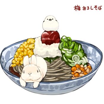 animal animal_focus bird bowl commentary_request corn ears_up eurasian_tree_sparrow food food_focus lilac_(p-f_easy) looking_at_viewer mushroom no_humans noodles original rabbit rice simple_background sparrow spring_onion translated white_background white_rabbit_(animal)