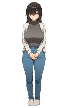 1girl black_eyes black_hair blue_pants breasts closed_mouth denim full_body hair_over_one_eye jacket jeans kono_(yuri_kotone_ero) large_breasts long_hair long_sleeves looking_at_viewer open_clothes own_hands_together pants simple_background smile solo standing sweater takenoko_no_you turtleneck white_background