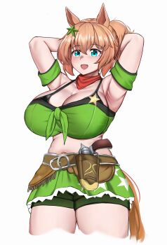 1girl :d absurdres animal_ears armband armpits arms_behind_head arms_up bandeau bare_shoulders belt blue_eyes blush breasts brown_belt brown_hair cleavage collarbone colt_single_action_army commentary cropped_legs green_armband green_bandeau green_shorts green_skirt gun hair_between_eyes hair_ornament handgun highres holstered horse_ears horse_girl horse_tail large_breasts long_hair navel newbienoodles open_mouth paid_reward_available ponytail red_scarf revolver scarf sheriff_badge short_shorts shorts shorts_under_skirt sidelocks simple_background skirt smile solo standing star_(symbol) star_hair_ornament taiki_shuttle_(umamusume) tail umamusume variant_set weapon white_background