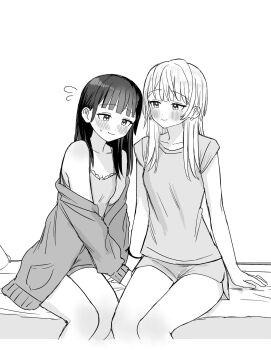 2girls bare_shoulders blush closed_mouth commentary earrings flying_sweatdrops highres holding_hands jewelry looking_at_another mole mole_under_eye multiple_girls original shirt shorts sitting smile ssrbonknow symbol-only_commentary yuri
