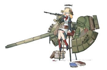 Rule 34 | absurdres, blonde hair, blue eyes, book, cannon, flag armband, frider, glasses, halo, hand on own cheek, hand on own face, highres, jitome, maid, maid headdress, mecha musume, neckerchief, nsv, original, personification, red neckerchief, round eyewear, russian flag, russian text, sitting, spiked halo, spotlight, stool, t-80, t-80 (personification), war thunder