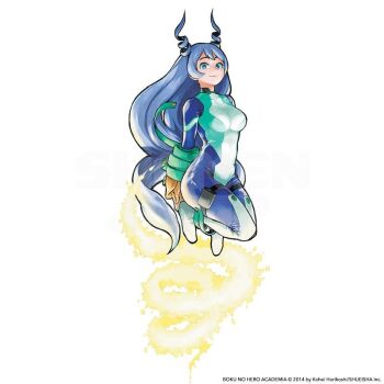1girl aqua_bodysuit arms_behind_head arms_up artist_name blue_bodysuit blue_eyes blue_hair bodysuit boku_no_hero_academia breasts copyright_name covered_navel drill_hair energy eyelashes feet gloves hado_nejire hair_horns horikoshi_kouhei horns leg_up long_hair medium_breasts multicolored_bodysuit open_mouth skin_tight solo spiral superhero_costume teeth thigh_strap twin_drills very_long_hair