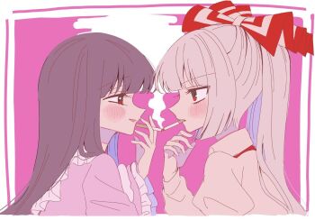 2girls blush bow brown_hair cigarette cigarette_kiss collared_shirt commentary_request eye_contact frilled_shirt_collar frilled_sleeves frills fujiwara_no_mokou grey_hair grey_shirt hair_bow houraisan_kaguya long_hair long_sleeves looking_at_another multiple_girls open_mouth paint_chat_(medium) red_eyes shirt smile smoke smoking suspenders tamiko_(tamik0224) touhou yuri