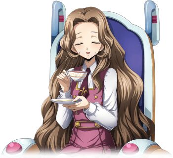1girl artist_request blush brown_hair buttons chair child closed_eyes code_geass code_geass:_lost_stories collared_shirt cup double-breasted dress drink facing_viewer female_focus flat_chest forehead game_cg hair_intakes hands_up happy holding holding_cup holding_drink holding_plate light_blush long_hair long_sleeves looking_at_viewer necktie non-web_source nunnally_vi_britannia official_art on_chair open_mouth pinafore_dress plate purple_dress purple_necktie saucer school_uniform shirt sidelocks simple_background sitting sleeveless sleeveless_dress smile solo tea teacup transparent_background u_u very_long_hair wheelchair white_shirt