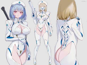 3girls ass ass_cutout blonde_hair blue_hair bodysuit breasts chowbie cleavage cleavage_cutout clothing_cutout gun hat hip_vent holding holding_gun holding_weapon mask mechanical_spine medium_hair multiple_girls nurse nurse_cap original purple_eyes rifle short_hair side_cutout sword sword_on_back thigh_cutout weapon weapon_on_back white_bodysuit