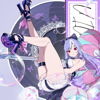 1girl absurdres ahoge animal_print ass bare_shoulders between_legs bow bowtie breasts bubble butterfly_print closed_mouth clothing_cutout commentary_request drill_hair drill_sidelocks frilled_one-piece_swimsuit frills full_body gokusaishiki_(1376145360) hair_bow hand_between_legs high_heels highres holding holding_umbrella legs_up light_smile long_hair looking_at_viewer medium_breasts mole mole_under_eye multicolored_umbrella official_alternate_costume one-piece_swimsuit open-toe_shoes pink_umbrella pointy_ears purple_background purple_bow purple_bowtie purple_hair purple_nails purple_shoes red_eyes see-through_clothes shoes sideboob_cutout sidelocks solo swimsuit thigh_strap two-tone_one-piece_swimsuit umbrella vivian_banshee vivian_banshee_(iris_of_the_shore) white_one-piece_swimsuit zenless_zone_zero