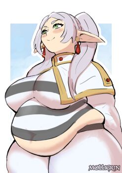 1girl absurdres alternate_body_size alternate_breast_size_(larger) arms_behind_back artist_name blush border breasts closed_mouth commentary covered_navel cowboy_shot earrings english_commentary fat frieren green_eyes grey_hair highres huge_breasts jewelry long_hair meme molligrin muffin_top pointy_ears solo sousou_no_frieren thick_thighs thighs twintails upward_angle_frieren_drawing_(meme) white_border