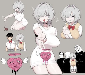 2girls 3boys absurdres awan_raccoon black_choker black_hair bow breasts bug buttons choker clenched_teeth commentary cowboy_shot cropped_legs english_commentary fang freckles full_body grey_background grey_eyes grey_hair grey_skirt hair_over_one_eye half-closed_eyes highres large_breasts looking_at_viewer medium_hair multiple_boys multiple_girls multiple_views no_mouth no_nose open_hands open_mouth original red_bow shirt short_sleeves skirt sweat teeth upper_body v white_shirt wing_collar