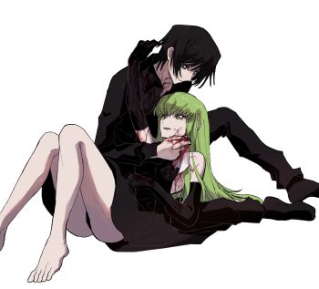 1boy 1girl absurdres barefoot black_dress black_gloves black_hair black_shirt blood blood_on_clothes blood_on_face c.c. code_geass collared_shirt commentary_request dress elbow_gloves full_body gloves green_hair highres io_ion knee_up knees_up lelouch_vi_britannia long_hair looking_at_another lying_on_lap open_mouth purple_eyes shirt short_hair sitting smile white_background yellow_eyes