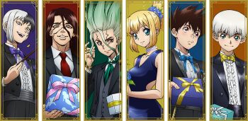 1girl 5boys asagiri_gen black_hair blonde_hair blue_bow blue_bowtie blue_dress blue_eyes blue_flower blue_rose bow bowtie box brown_eyes brown_hair chrome_(dr._stone) closed_mouth collared_shirt column_lineup dr._stone dress facial_mark flower formal_clothes gift gift_box gradient_hair green_bow green_bowtie green_eyes green_hair green_necktie hair_between_eyes holding holding_gift holding_wand ishigami_senkuu jewelry kohaku_(dr._stone) long_hair looking_at_viewer multicolored_hair multiple_boys necklace necktie official_art open_mouth pearl_necklace promotional_art red_eyes red_necktie ring rose saionji_ukyou shirt shishiou_tsukasa short_hair sleeveless sleeveless_dress smile spiked_hair split-color_hair suit teeth tuxedo two-tone_hair upper_teeth_only wand white_hair white_shirt yellow_bow yellow_bowtie