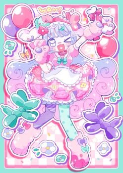 Rule 34 | 1girl, ;3, ;d, animal ears, animal hands, apron, asymmetrical legwear, balloon, balloon animal, blush, bone, border, checkered background, claws, collar, commentary, dog ears, dog girl, dress, fangs, frilled apron, frilled dress, frilled hairband, frills, full body, green border, green pantyhose, hairband, heart, heart in mouth, highres, long hair, looking at viewer, mismatched legwear, one eye closed, open mouth, original, outline, outside border, pantyhose, pink background, pink dress, pink hairband, pochirou (ponpoc), polka dot, polka dot pantyhose, purple eyes, purple hair, purple pantyhose, red collar, red ribbon, ribbon, short sleeves, smile, solo, sparkle, standing, waist apron, white apron, white outline