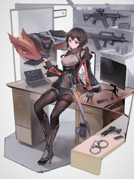 1girl absurdres assault_rifle black_gloves black_jacket breasts brown_hair brown_pantyhose commentary_request cuffs full_body gloves gun handcuffs handgun highres holster jacket large_breasts leaning_back long_sleeves mechanical_boots monitor on_table open_clothes open_jacket original pantyhose partially_fingerless_gloves red_eyes rifle short_hair solo sword table tablet_pc thigh_holster thighband_pantyhose weapon white_background youlan