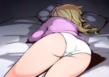 Rule 34 | 1girl, ass, bed, blonde hair, from behind, j7w, long hair, lying, original, panties, pillow, solo, underwear, white panties