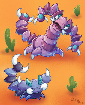 animal_focus artist_name cactus claws closed_mouth commentary desert drapion english_commentary evolutionary_line fang full_body gen_4_pokemon imazartz nintendo no_humans open_mouth outdoors pokemon pokemon_(creature) pokemon_focus skin_fang skorupi